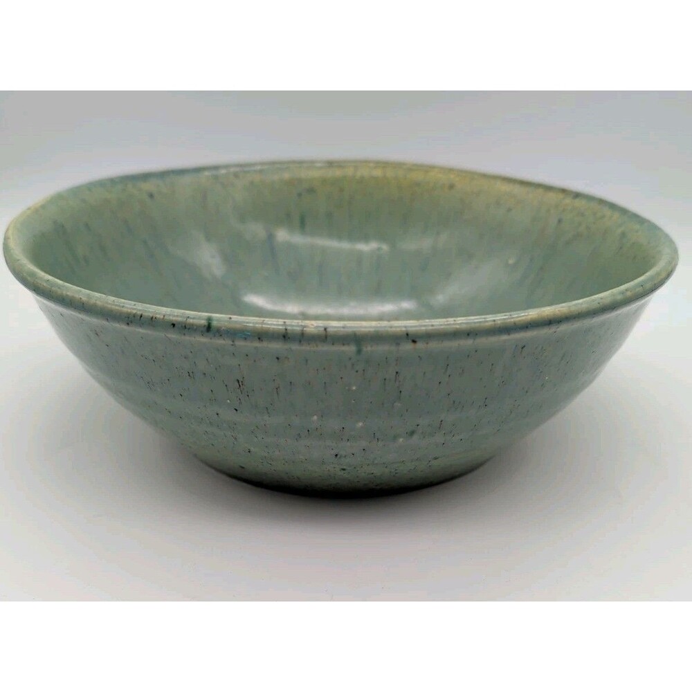 Studio Pottery Bowl  Speckled Green blue Drip Glaze Serving Centerpiece
